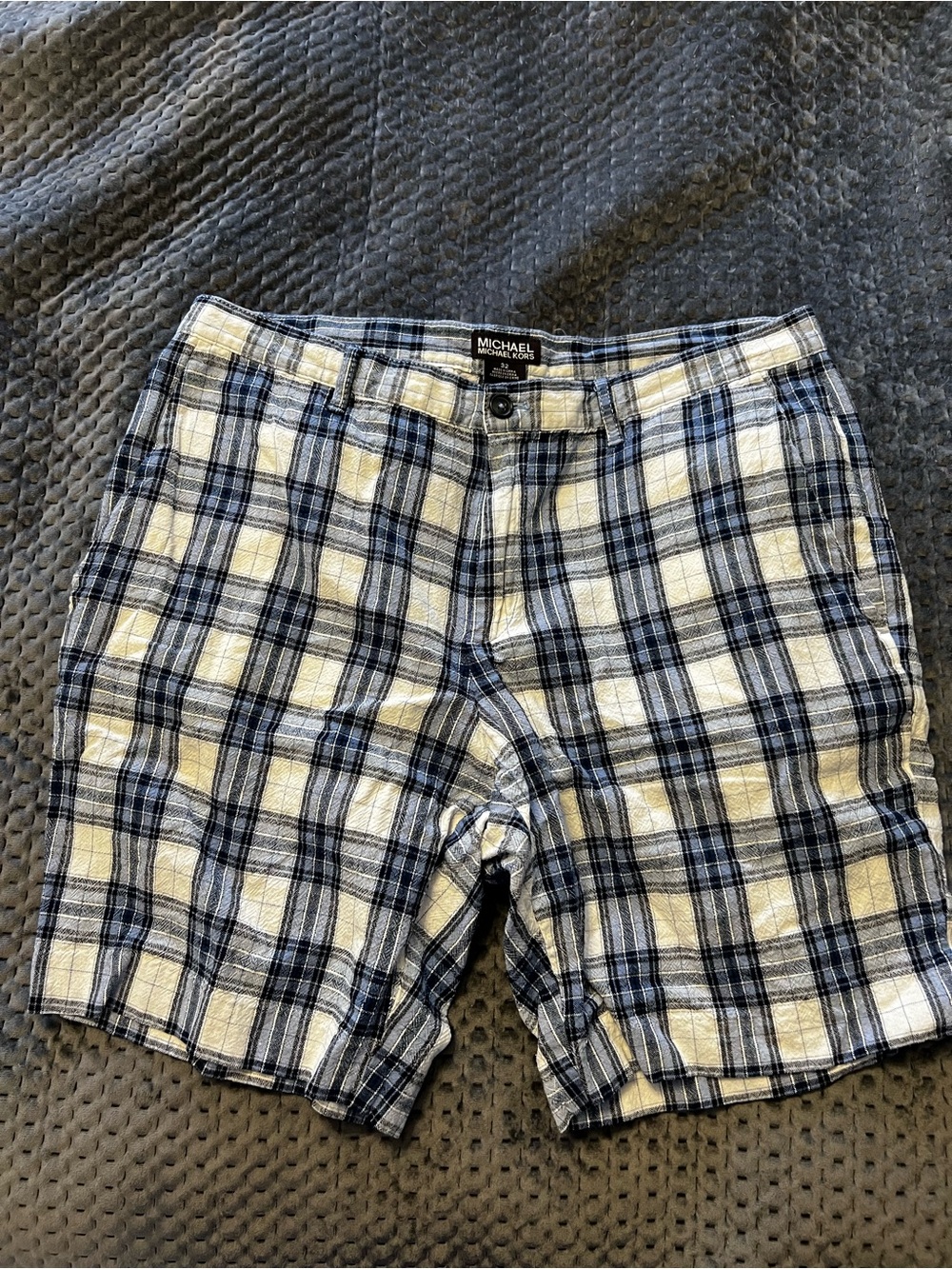 Michael Kors Men’s Navy and White Plaid Flat-Front Shorts